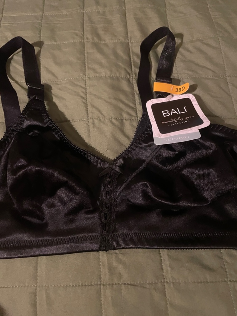 Bali Black Satin Support Bra with Lace Trim